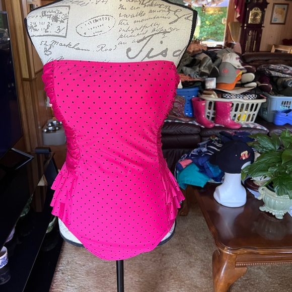 Jantzen One Piece Swimsuit Bathing Suit Strapless Ruffle Hot Pink Polka Dot 14. - Picture 8 of 16